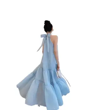 2023 Дамски дрехи романтична, елегантна синя рокля на спагети презрамки с бретельками 0816