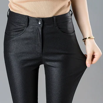 2023 Есенно-зимни топли дамски панталони дамски кадифени панталони от изкуствена кожа тесни ластични панталони-молив дамски тесни панталони