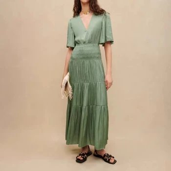 2023 Летни нови постъпления, висококачествени дамски реколта зелени обикновена рокля с V-образно деколте до средата на прасците, в сгъвката на