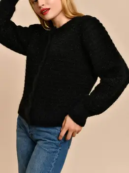 2023 Нов дамски вязаный жилетка с кръгло деколте от смес от мохера, блестяща жена модерен пуловер, връхни дрехи, блузи
