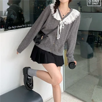 Deeptown Harajuku Сив пуловер женски Кавайный вязаный завързана жилетка Японски моден трикотаж корейската мода Козметична пуговица сладко