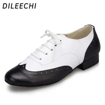 DILEECHI мъжки обувки за латино танци от естествена кожа, мека подметка 2,5 см, черно-бели обувки за танци балната зала от естествена кожа