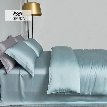 Lofuka Луксозен жена 100% коприна комплект спално бельо от чиста синя коприна, стеганое одеяло, кралица, крал, плосък чаршаф, калъфка за възглавница за спане