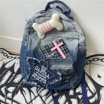 Xiuya Y2k Модерна дамска чанта с аппликацией под формата на костен кръст, готическия син раница, нова ежедневни дизайнерски холщовая чанта през рамо