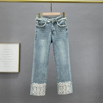 Бродирани с мъниста дънкови панталони с прав штанинами, дънкови панталони 2023, нови пролетно-летни дънкови дамски скъсяване на панталони с дължина до глезена, декорирани с кристали
