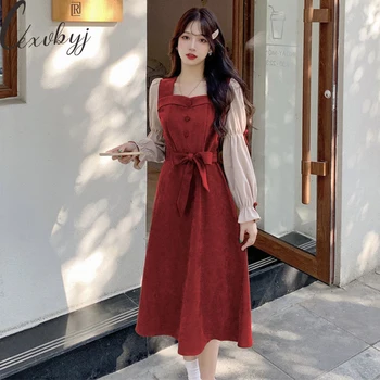 Вельветовое рокля, женски винтажное рокля миди с квадратна яка, пролет-есен, корейската мода, дълъг ръкав, яка, дизайн на рокли за бала 2023