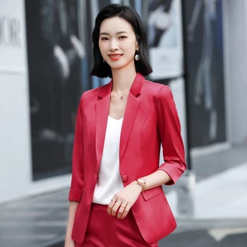 Висококачествена официална форма, брючные костюми елегантен червен цвят, за жени, бизнес работни дрехи с къс ръкав, пролет-лято блейзери, новост