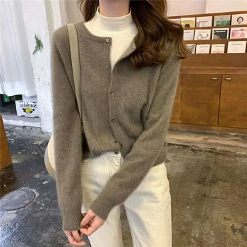 Вълнен пуловер жилетка женски 2022 нов однобортный елегантен модерен пуловер в ретро стил от чиста вълна