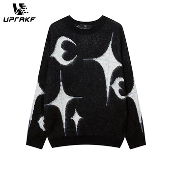 Графичен пуловер UPRAKF Y2K със звездите и луната: мека и негабаритная градинска унисекс облекло в стил харадзюку/хип-хоп, черно и сиво