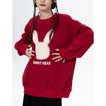 Дамски дрехи, червен hoody, контрастен плюшено американски ретро улица зимата женски пуловер с дълъг ръкав