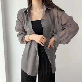 Дамски прозрачна тънка елегантна лятна проста однотонная солнцезащитная дрехи, модни мешковатая универсална основна дреха в корейски стил, ризи 13 цвята