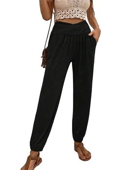 Дамски удобни панталони за почивка с еластичен колан и джобове - меки и еластични пижамные панталони за почивка и сън