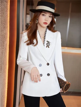 Елегантен женски официално сако, бяло, синьо, черно, кафяво, двубортное палто с дълъг ръкав, офис дамски бизнес работно облекло, блейзър