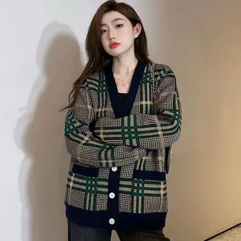 Есен-зима 2023, дамски пуловери, оригинален ретро свободен вязаный жилетка в клетка с V-образно деколте, корейски дамски топли палта