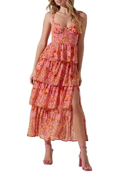 Жена макси рокля с флорални принтом, отворени рамене, волани, без ръкави, рокли с цепка в стил бохо, ежедневни летни рокли за плажната партита