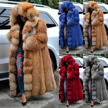 Зимно дамско палто, с дълга козина, свободно модно топло гъст палто с качулка