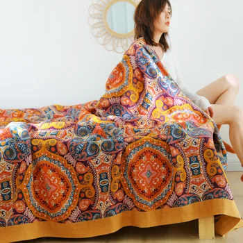 Калъф-одеяло в етнически стил от чист памук с олио, цвете, кърпа за климатик, одеало, пятислойная марля, леко лятно одеало, лято