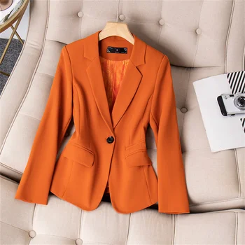 Луксозен дамски яке оранжево, розово, черно на цвят, с дълъг ръкав и една пуговицей, приталенное палто, женски официално сако, офис дамски бизнес работно облекло
