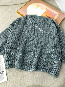 Луксозен женски пуловер с пайети, выдалбливают дизайн, дамски пуловер с кръгло деколте и къс ръкав, безплатен лесен пуловер, потник, новост есента 2023 година