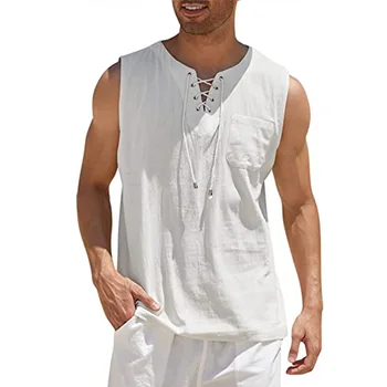 Лятна мъжка плажна памучен бельо жилетка, риза, всекидневни топ без ръкави с дантела-топ в стил хипи, пират туника бохемски възраждането, мъжки дрехи