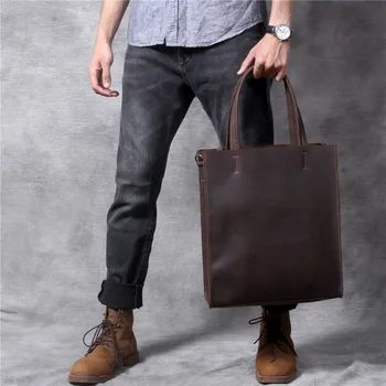 Модни реколта мъжки чанти-тоут от естествена кожа, ежедневни проста чанта crazy horse от телешка кожа, работната чанта, голяма чанта за лаптоп