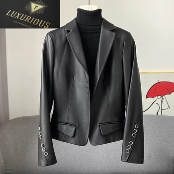 Модни улични кожени якета, дамски копчета от овча кожа, кратък костюм, черна талия, истински палто