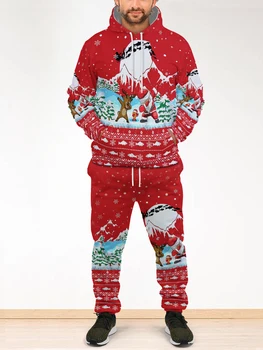 Мъжки hoody с качулка с коледните графичен принтом Дядо Коледа и Лосове, комплект с качулка, женски пуловер, hoody, модерен унисекс костюм за улични бягане