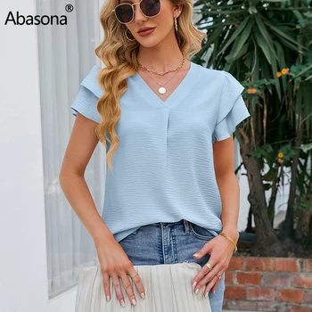 Обикновен дамски блузи Abasona с V-образно деколте, летни шифоновые блузи с къс ръкав