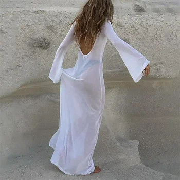 Прозрачна секси рокля с дълъг ръкав от мрежа с отворен гръб, летни ежедневни сексуални бели плажни рокли макси с кръгло деколте, обикновена свободни съоръжения