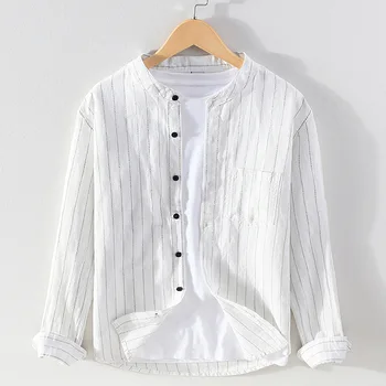 Пролетно-лятна нова ежедневно бельо риза райе с дълъг ръкав за мъже, памучен и бельо мъжка риза с висока яка в китайски стил, топ