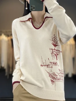 Прост модерен женски случайни пуловер за крайградски пътувания през пролетта и есента от чист памук с тънки дълги ръкави