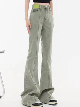 Реколта лилави дънки-клеш с висока талия, тесни ежедневни панталони, безплатни ежедневни дънкови панталони, зелени панталони, панталони с цип с джобове