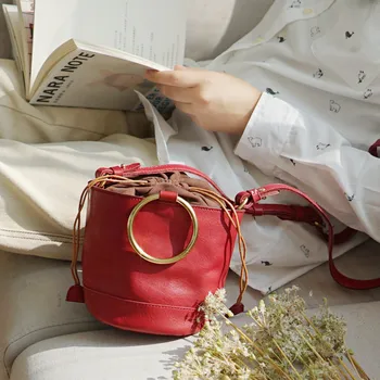 Реколта луксозна дамска чанта от естествена кожа, с кръгли бочонком, дизайнерска чанта с метална дръжка, от естествена телешка кожа, скъпа чанта на рамото