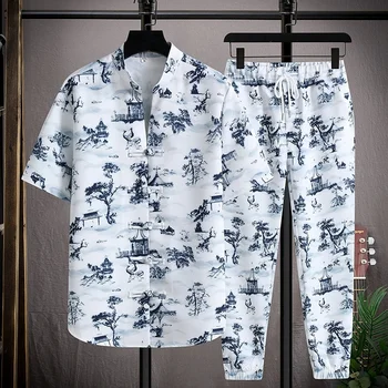 (Риза + панталон 2023 лятна мъжка риза от ледена копринени тъкани с къс ръкав, ежедневни ризи с еластичен колан, костюм-двойка M-5XL