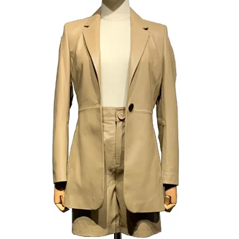 Сако от естествена кожа, съчетана с къси панталони, дамски яке от естествена овча кожа, офис дамски връхни дрехи