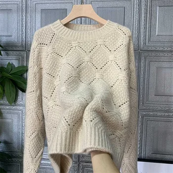 Случайни кариран вълнен основен пуловер, женски вязаный пуловер с изрезки, топла жилетка, пролет-есен, вълна, трико с дълъг ръкав, H267