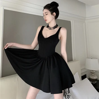 Френското винтажное черна рокля в костите на рибата, дамски летни нови монтиране на мини рокли трапецовидна форма, без ръкави, женски
