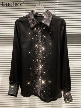 Черна риза с кристали за жени, пролет и есен 2023, новост, звезден топ от мерсеризованного памук с кристали, блуза с дълги ръкави, топ
