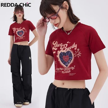ReddaChic Червен ретро женски съкратен топ Y2k, детска тениска с графичен принтом, приталенная женска риза с къси ръкави, лятна градинска облекло