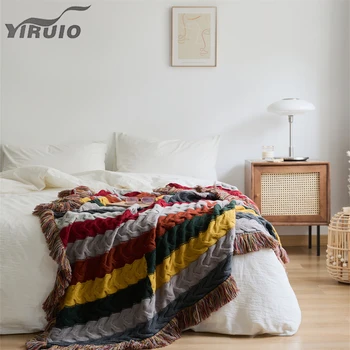YIRUIO Луксозно елегантна многоцветное клетчатое одеало с ресни и пискюли по ръбовете, възли вълнени одеала, подаръци одеяла за приятелите на семейството