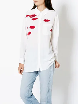 Дамска блуза от 100% естествена коприна с дълъг ръкав, однобортная риза с принтом устни, новост 2023, дамска бяла риза с отложным яка, върхове