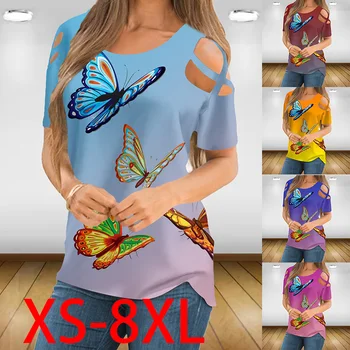 Дамски Свободни Ежедневни Блузи с къси ръкави и открити рамене, тениска с градиентным принтом пеперуди, Летни Модни Пуловери Големи размери, Върхове
