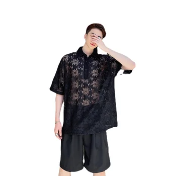 Мъжки модни лятна открита лейси тениска с цветен модел и къс ръкав, прозрачен черен кайсиев цвят