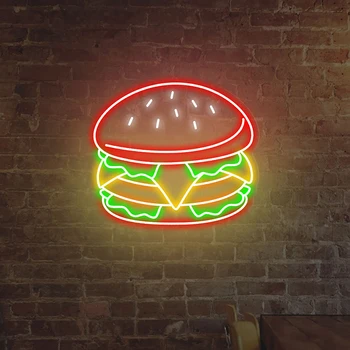 Неонова реклама с за хамбургерите, фирмено лого Бъргър, неон осветление за ресторант, декорация на стените в магазина на открито захранване, led светлини, знаци