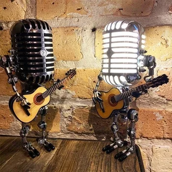 Ретро микрофон, скулптура робот, играющего на китара, фигурка на китара, настолна led лампа, метален микрофон, китарист, украса за офиса, дома, занаяти