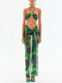 Секси бикини с модерен зелен принтом, бански от две части с ниска талия, сексуална бандажная празнична плажни дрехи, наметало, плажен бански костюм